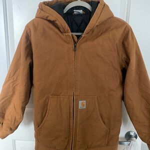 Carhartt Brown Duck Boys Jacket with Logo Patch Quilted Lining size 14-16